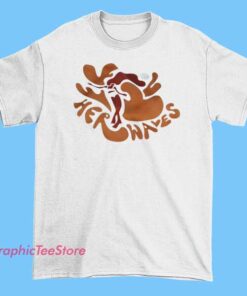 A T-shirt featuring the 'Single Fin Tour' and 'Her Waves' theme, likely showcasing surf-inspired artwork.
