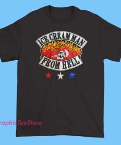 A vintage-style T-shirt featuring a graphic of an 'Ice Cream Man From Hell,' possibly depicting a sinister or humorous illustration.