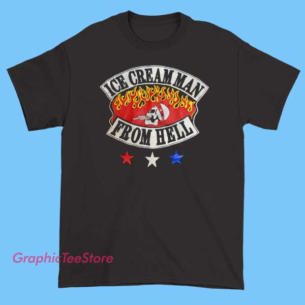 Vintage Ice Cream Man From Hell T Shirt 1 A vintage-style T-shirt featuring a graphic of an 'Ice Cream Man From Hell,' possibly depicting a sinister or humorous illustration.