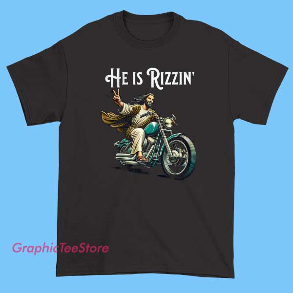 Funny He Has Rizzen Jesus Riding Motorcycle Shirt 1 Funny He Has Rizzen Jesus Riding Motorcycle Shirt featuring humorous Jesus-on-motorcycle graphic, perfect for spiritual apparel fans and riz meme streetwear styles.