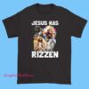 He Has Rizzen Christian Bible Faith Cross Shirt featuring playful meme-inspired design, unisex fit, and aesthetic spiritual apparel style