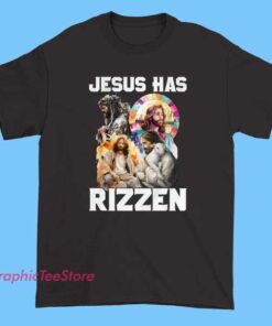 He Has Rizzen Christian Bible Faith Cross Shirt featuring playful meme-inspired design, unisex fit, and aesthetic spiritual apparel style