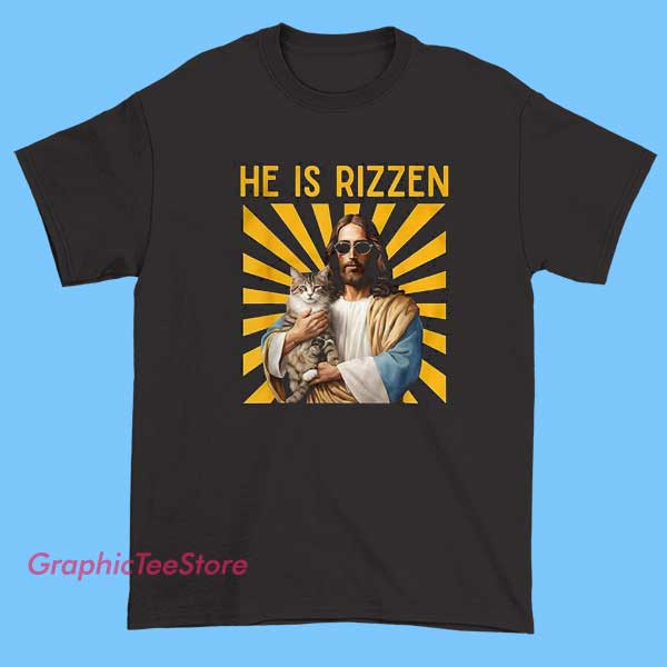 Jesus Cat Rizz Kittens He Has Rizzen Shirt 1 Jesus Cat Rizz Kittens He Has Rizzen Shirt featuring cute cat design, meme-inspired Christian humor, and unisex spiritual apparel streetwear style.