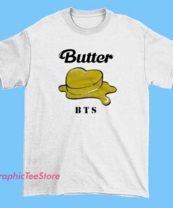 BTS Butter logo melted tee shirt featuring dripping typography design inspired by K-pop aesthetics, fan-inspired streetwear graphic t-shirt, modern pop music style apparel