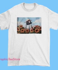 Girl and sunflower comic graphic tee shirt featuring cute illustrated girl with bright sunflower artwork, aesthetic floral cartoon style, vintage inspired design, unisex fit t-shirt for art lovers