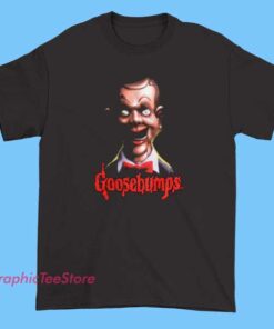 Goosebumps Living Dummy T shirt featuring creepy ventriloquist dummy artwork, classic 90s horror book style, nostalgic spooky graphic, soft cotton unisex tee for casual wear
