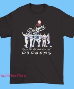 Los Angeles Signature All Team Friends Dodgers shirt featuring handwritten style signatures, LA baseball fan design, classic blue city pride aesthetic, unisex fit graphic tee for Dodgers fans and streetwear lovers