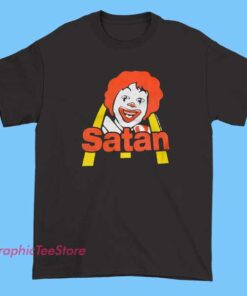 McSatan Parody Tee Shirt featuring bold fast food satire graphic, funny devil-themed parody logo design, humorous novelty shirt for fans of edgy humor and pop culture parody apparel.