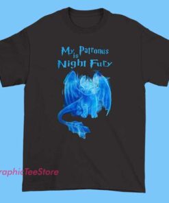My Patronus Is Night Fury Tee Shirt featuring magical dragon illustration, fantasy creature design, Night Fury fan art, wizard parody tee, mystical graphic clothing for dragon lovers and fandom style.