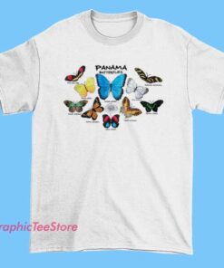 Panama Butterfly Graphic Tees Shirts 3 Panama butterfly graphic tee shirt featuring colorful tropical butterfly artwork inspired by rainforest nature, vintage aesthetic design, unisex fit t-shirt for butterfly lovers and travel style fashion