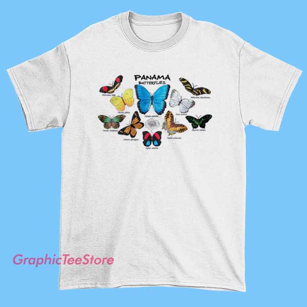 Panama Butterfly Graphic Tees Shirts 2 Panama butterfly graphic tee shirt featuring colorful tropical butterfly artwork inspired by rainforest nature, vintage aesthetic design, unisex fit t-shirt for butterfly lovers and travel style fashion