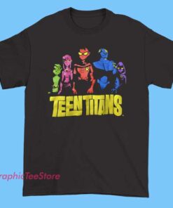 Teen Titans cartoon characters T shirt featuring Robin, Starfire, Raven, Cyborg, Beast Boy in vibrant retro comic style graphic tee, superhero fan apparel, animated series shirt for adults and teens.