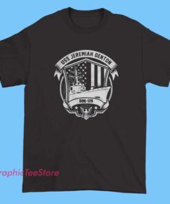 USS Jeremiah Denton DDG-129 Tee Shirts featuring U.S. Navy destroyer graphic, military heritage design, soft cotton unisex tee, patriotic shirt for veterans, supporters, and casual wear