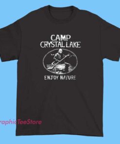 Vintage Camp Crystal Lake Enjoy Nature Shirt retro horror parody tee, Friday the 13th inspired apparel, slasher movie fan shirt, spooky outdoor camp design for collectors and classic horror lovers.