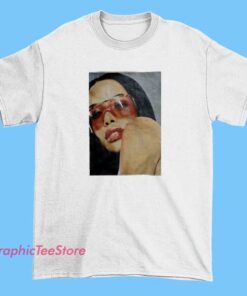 Aaliyah red glasses tee shirt featuring iconic R&B singer portrait with signature red sunglasses, 90s hip hop soul aesthetic, vintage pop culture design, unisex fit graphic t-shirt for music fans