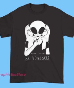 Be Yourself alien tee shirt featuring cute alien illustration with positive inspirational quote, quirky space art design, modern aesthetic style, unisex fit graphic t-shirt for self love and positivity fans