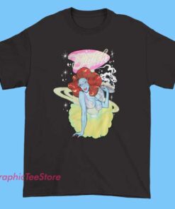 Biqtch Puddin Alien Waitress tee shirt featuring bold drag art illustration, sci-fi diner alien waitress design, colorful alternative pop culture aesthetic, unisex fit graphic t-shirt for drag fans