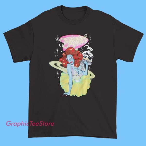 Biqtch Puddin Alien Waitress Tee Shirts 2 Biqtch Puddin Alien Waitress tee shirt featuring bold drag art illustration, sci-fi diner alien waitress design, colorful alternative pop culture aesthetic, unisex fit graphic t-shirt for drag fans