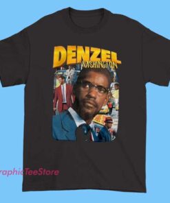 Denzel Washington tee shirt featuring iconic actor portrait artwork, classic Hollywood film legend style, vintage cinematic aesthetic, unisex fit graphic t-shirt for movie fans and pop culture fashion lovers