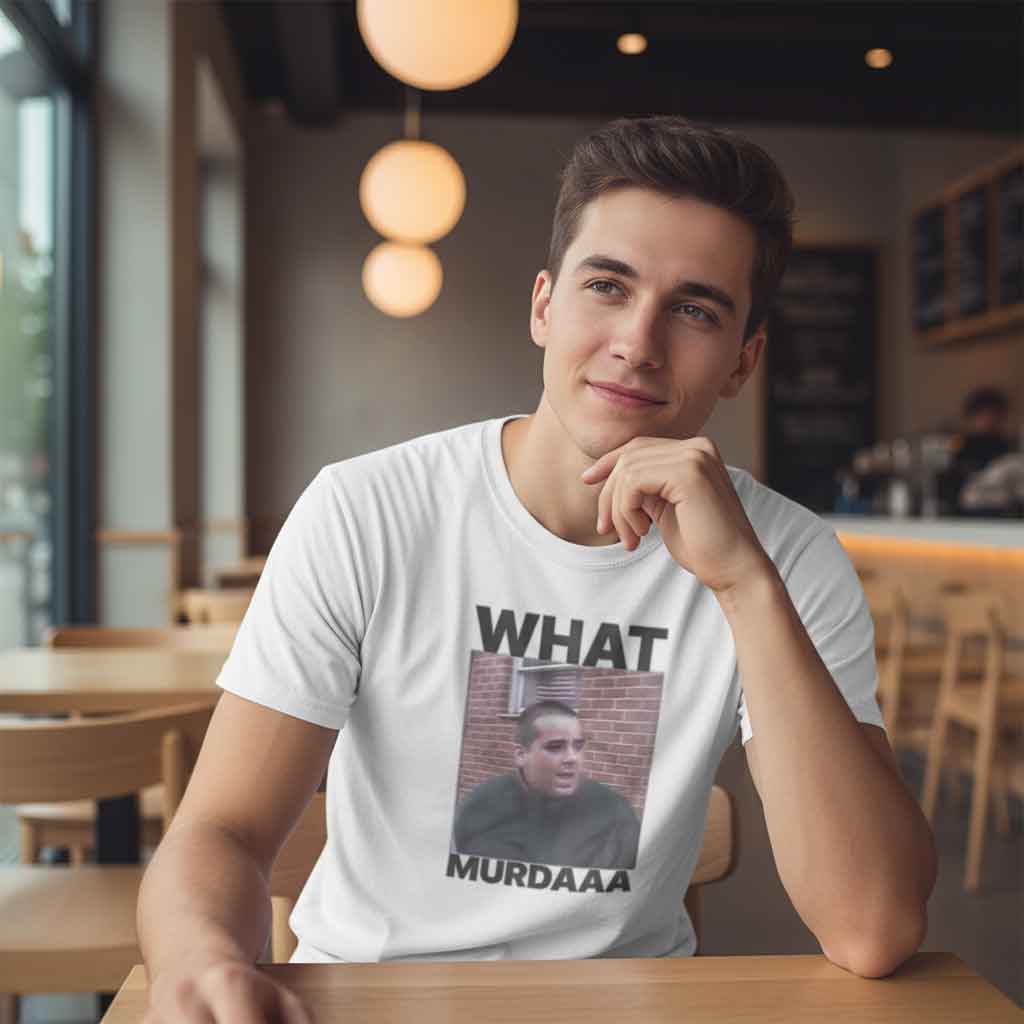 Funny Mugshot John Gotti What Murdaaa Shirt 3 Funny John Gotti mugshot shirt featuring What Murdaaa text, vintage crime humor graphic, retro mobster style tee, novelty parody design, pop culture streetwear t-shirt