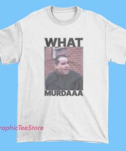 Funny John Gotti mugshot shirt featuring What Murdaaa text, vintage crime humor graphic, retro mobster style tee, novelty parody design, pop culture streetwear t-shirt