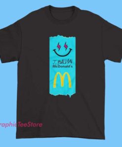 J Balvin McDonald’s tee shirt featuring pop culture inspired graphic design, music artist themed fast food collaboration style artwork, modern streetwear aesthetic, unisex fit t-shirt for music fans