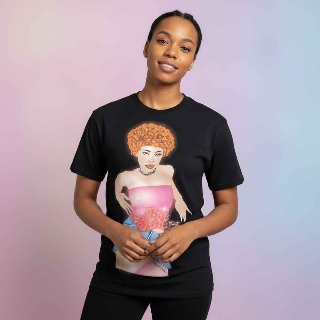 Vtg Ice Spice and Wearing Pink Tee Shirt 3 Vtg Ice Spice wearing pink tee shirt with retro hip hop graphic, vintage rap inspired streetwear shirt for music fans