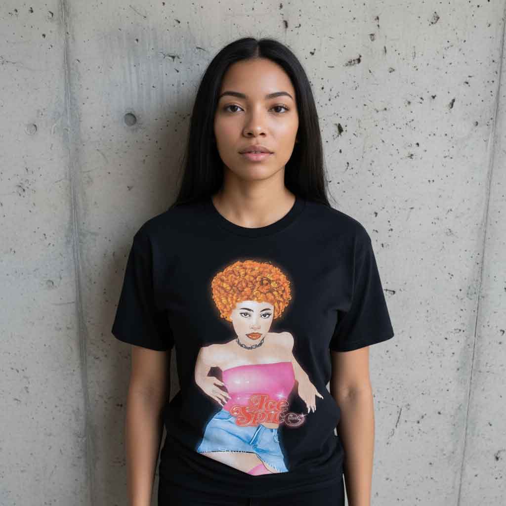 Vtg Ice Spice and Wearing Pink Tee Shirt 4 Vtg Ice Spice wearing pink tee shirt with retro hip hop graphic, vintage rap inspired streetwear shirt for music fans