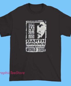 Vintage 2015 World Tour Garth Brooks Shirt featuring retro country concert tour graphics. Classic country music fan tee with nostalgic tour style, perfect for collectors, country fans, and vintage concert merch lovers.