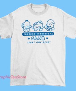 Cute Just One Bite Club Lactose Tolerant Shirt with playful dairy humor graphic printed on cotton short sleeve tee, funny lactose tolerant apparel in black or white casual wear