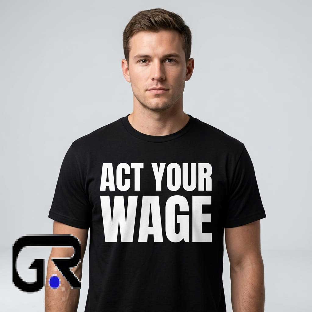 Act Your Wage Graphic Tee T-Shirt 1 Act Your Wage Graphic Tee T Shirt featuring a funny workplace statement on a premium cotton short sleeve shirt for sarcastic humor, casual streetwear, office humor, and everyday fashion.