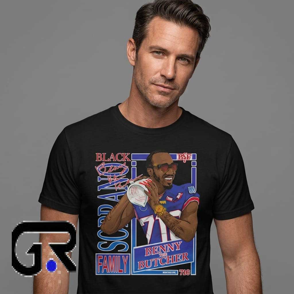 Benny The Butcher x Buffalo Bills BSF T-Shirt 1 Benny The Butcher x Buffalo Bills BSF T Shirt featuring hip hop inspired graphic artwork on a premium cotton short sleeve tee for rap fans, Buffalo streetwear, casual fashion, and music apparel.