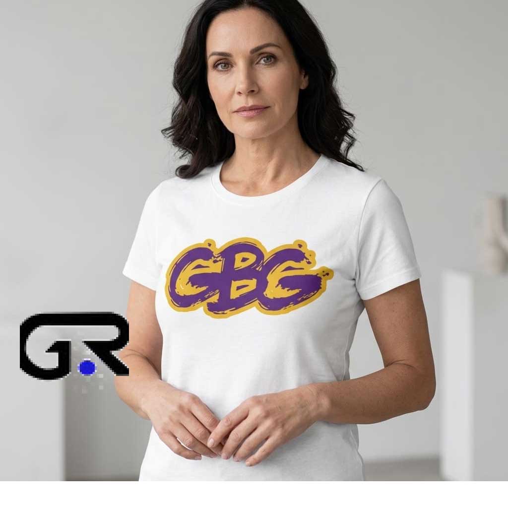 GBG Get Back Gang Purple & Gold Graphic Tee Shirt 1 Get Back Gang GBG Graffiti Font Logo Shirt featuring bold graffiti typography on a premium cotton short sleeve graphic tee for urban streetwear, hip hop fashion, casual outfits, and everyday style.