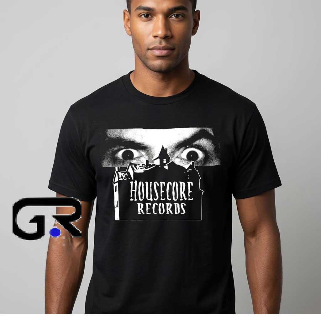 Housecore Records Vintage Horror Aesthetic Black Shirt featuring dark horror inspired artwork on a premium cotton short sleeve graphic tee for metal fans, gothic streetwear, alternative fashion, and casual wear.