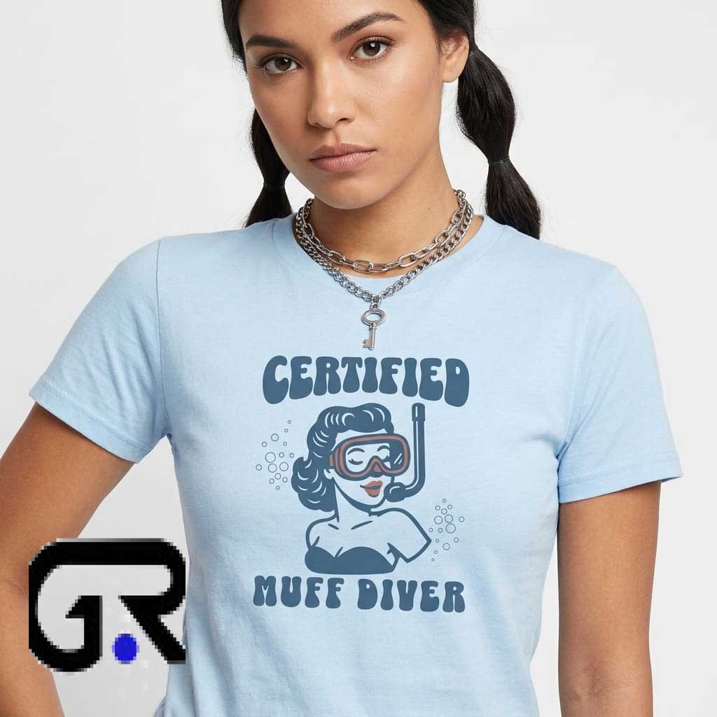 Humorous Certified Muff Diver Snorkeling Graphic Tee 1 Humorous Certified Muff Diver Snorkeling Graphic Tee featuring a funny diving inspired graphic on a premium cotton short sleeve shirt for novelty humor, beach vacations, casual streetwear, and party outfits.