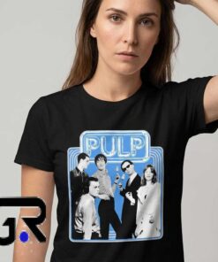 Pulp Vintage 90s Band monochrome lineup graphic shirt featuring classic Britpop artwork, retro indie rock apparel, premium cotton short sleeve tee for music fans and collectors.