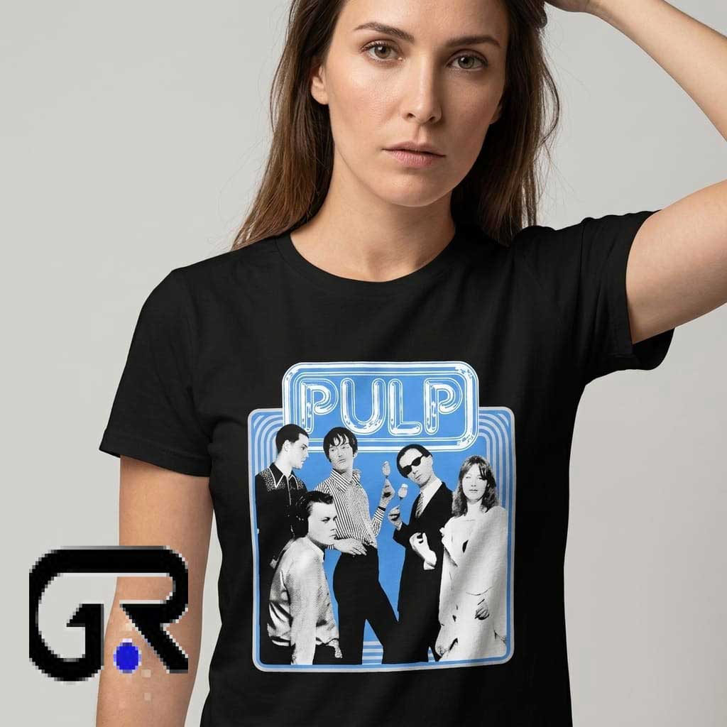 Pulp Vintage 90s Band Monochrome Lineup Shirt 1 Pulp Vintage 90s Band monochrome lineup graphic shirt featuring classic Britpop artwork, retro indie rock apparel, premium cotton short sleeve tee for music fans and collectors.