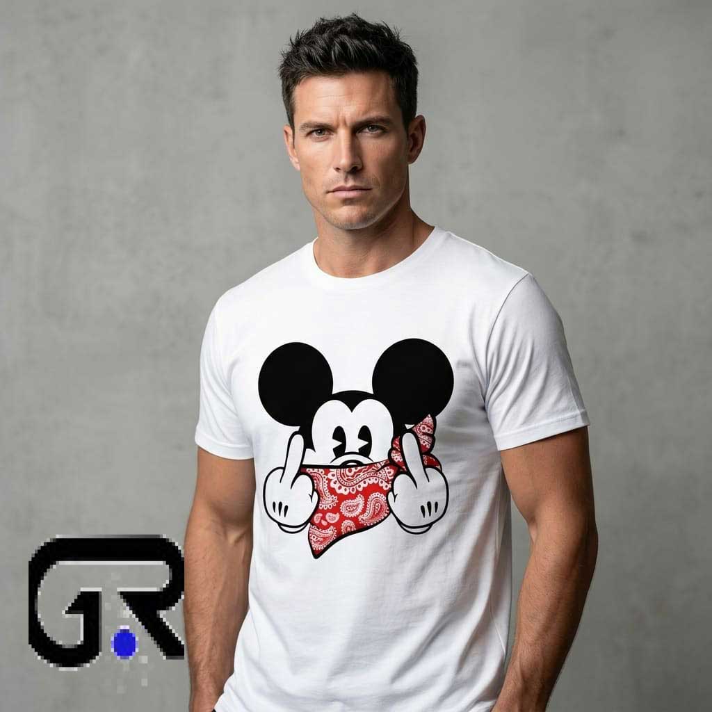Mickey Mouse Bandana Middle Finger Graphic Shirt 4 Mickey Mouse Bandana graphic shirt featuring cartoon inspired bandana artwork, vintage pop culture style, premium cotton short sleeve tee for casual streetwear and graphic tee fans.