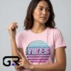 80s Sunset Style Yikes T-Shirt with retro sunset graphic, vintage 1980s aesthetic, colorful throwback artwork, cotton short sleeve design, and casual streetwear style.