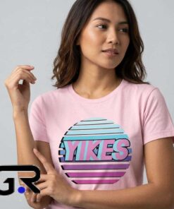 80s Sunset Style Yikes T-Shirt with retro sunset graphic, vintage 1980s aesthetic, colorful throwback artwork, cotton short sleeve design, and casual streetwear style.