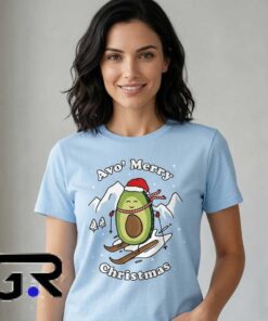 Avo Merry Christmas skiing avocado Christmas shirt featuring a funny festive avocado graphic, cotton short sleeve design for food lovers, holiday parties, winter trips, and casual wear.