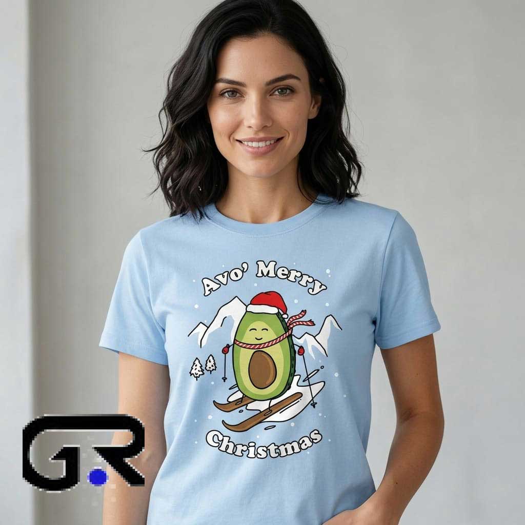 Avo’ Merry Christmas Skiing Avocado Christmas Shirt 1 Avo Merry Christmas skiing avocado Christmas shirt featuring a funny festive avocado graphic, cotton short sleeve design for food lovers, holiday parties, winter trips, and casual wear.