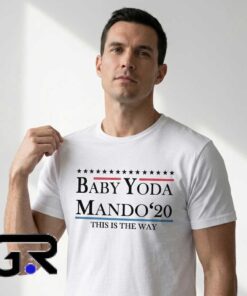 Baby Yoda Mando '20 This Is The Way logo shirt featuring cute sci-fi character graphics, cotton short sleeve design for fans, collectors, conventions, and casual pop culture wear.