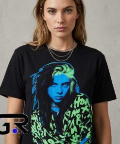 Billie Eilish neon portrait boyfriend fit girls shirt with colorful music-inspired artwork, cotton short sleeves, and casual pop culture streetwear style.