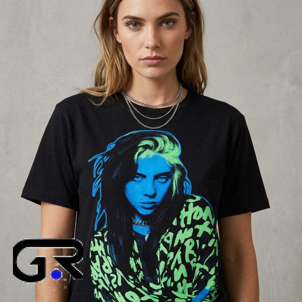 Billie Eilish Neon Portrait Boyfriend Fit Girls Shirt 1 Billie Eilish neon portrait boyfriend fit girls shirt with colorful music-inspired artwork, cotton short sleeves, and casual pop culture streetwear style.