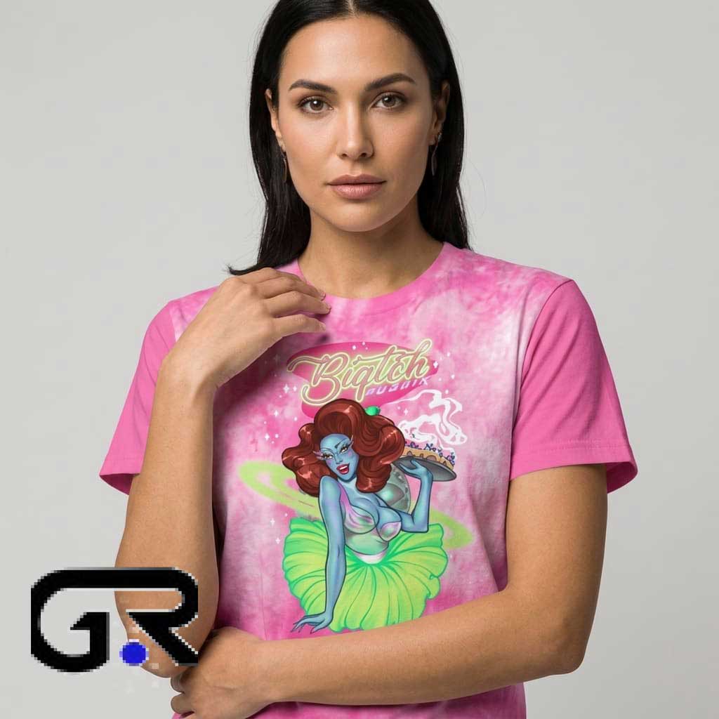 Biqtch Puddin' Retro Alien Waitress Art shirt 1 Biqtch Puddin' Retro Alien Waitress Art Shirt featuring a vintage alien waitress graphic, retro sci-fi illustration, quirky diner aesthetic, and cotton short sleeve design.