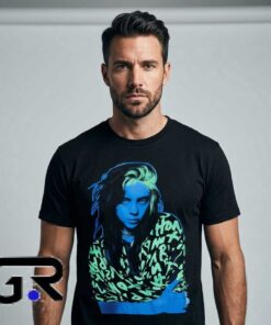 Billie Eilish Neon Portrait Boyfriend Fit Girls Shirt 7 Bright Female Artist Portrait Vintage Style Shirt