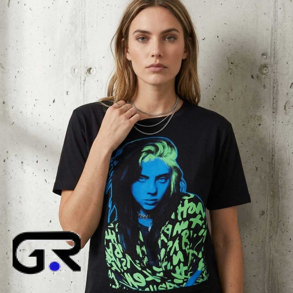 Billie Eilish Neon Portrait Boyfriend Fit Girls Shirt 2 Billie Eilish Neon Portrait Boyfriend Fit Girls Shirt - Image 2