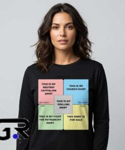 Cute Graphic Tees 8 Funny Political Compass long sleeve shirt featuring humorous political satire artwork on cotton apparel, ideal for political humor fans, casual outfits, and graphic streetwear.