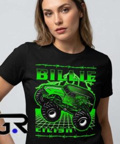 Green neon Billie Eilish monster truck tee shirt with bold music-inspired artwork, cotton graphic design, and edgy pop culture streetwear style.